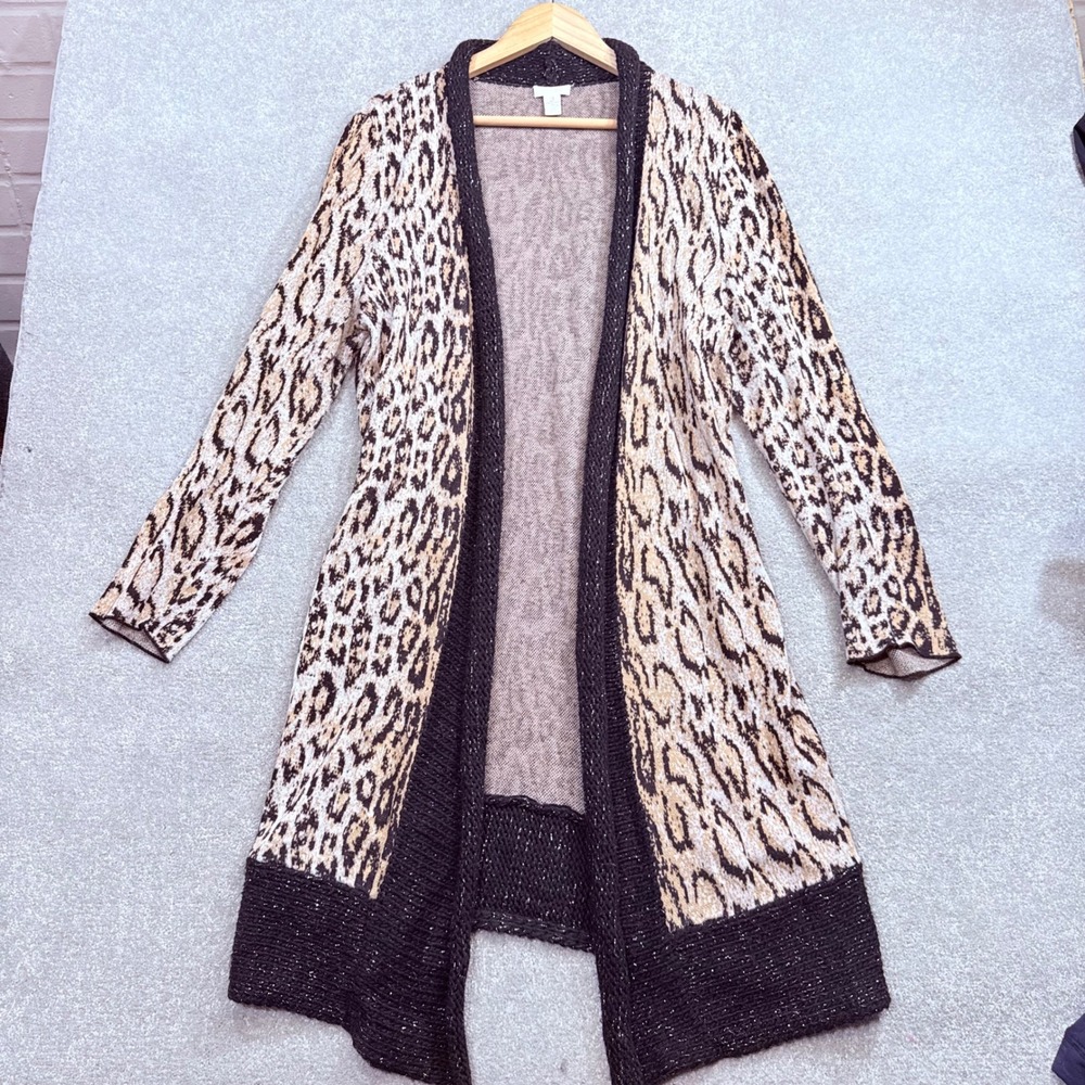 Chicos Leopard Animal Print Open Duster Cardigan Metallic Trim 3 XL Mob Wife